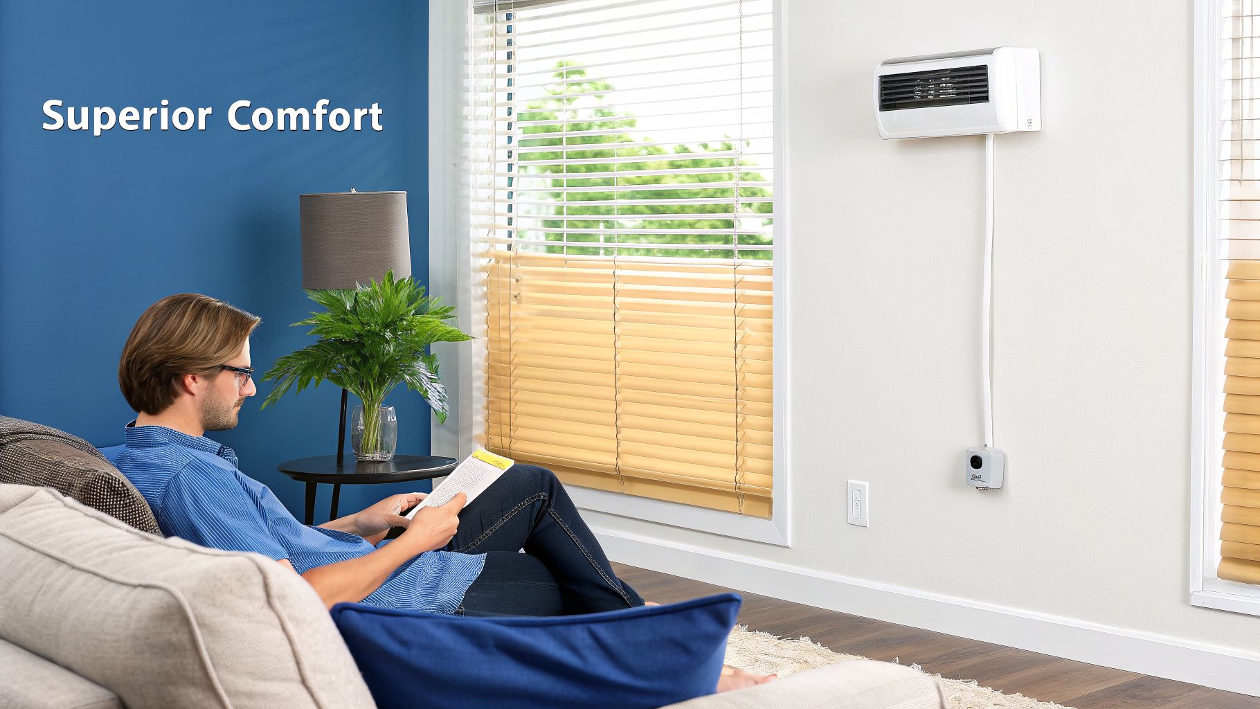 Man relaxing on a sofa and reading a book, with a wall-mounted heater nearby, offering superior comfort.