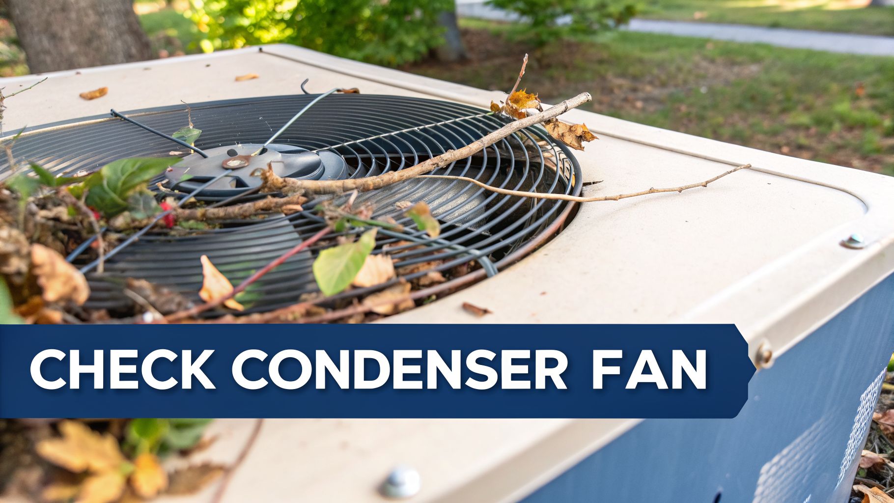 An outdoor AC unit's condenser fan is obstructed by leaves and sticks, requiring inspection.