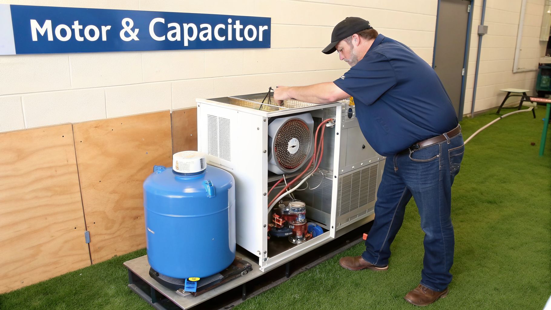 A man in a navy shirt and jeans works on an open air conditioning unit.