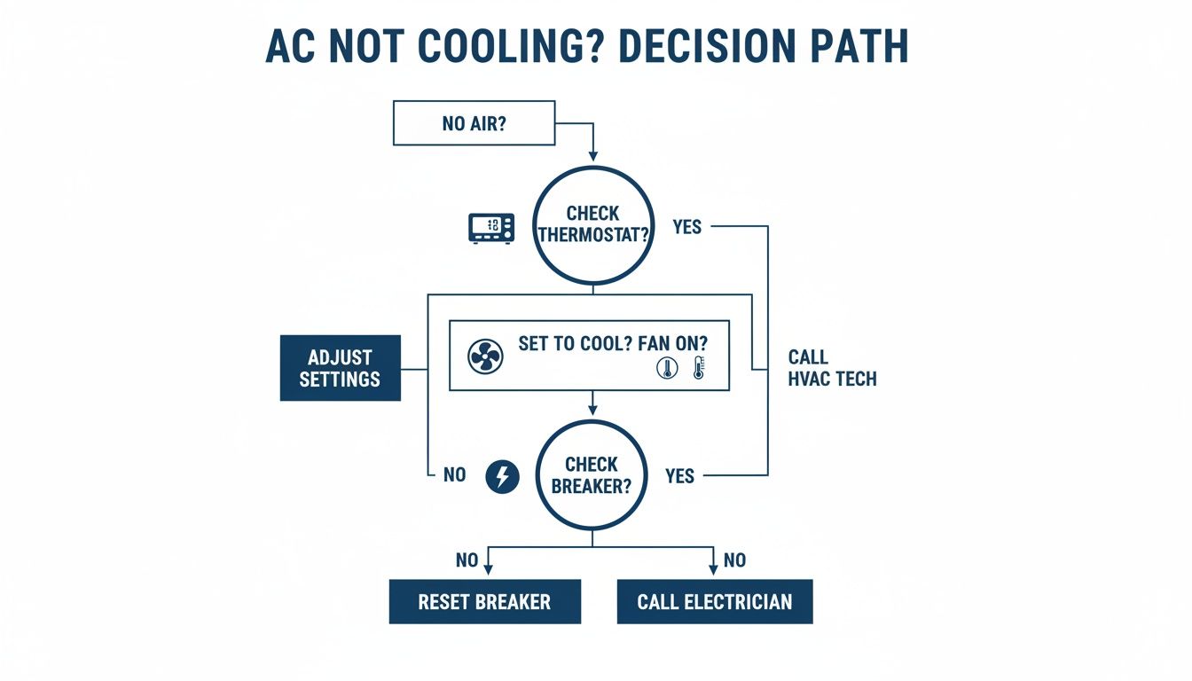 Flowchart for diagnosing AC not cooling, guiding through thermostat, settings, and breaker checks.