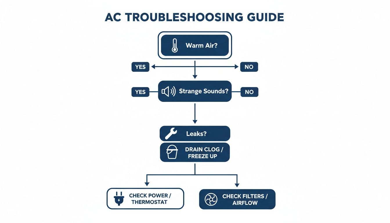 A flowchart guide for AC troubleshooting, detailing steps for warm air, strange sounds, leaks, and drain clogs.