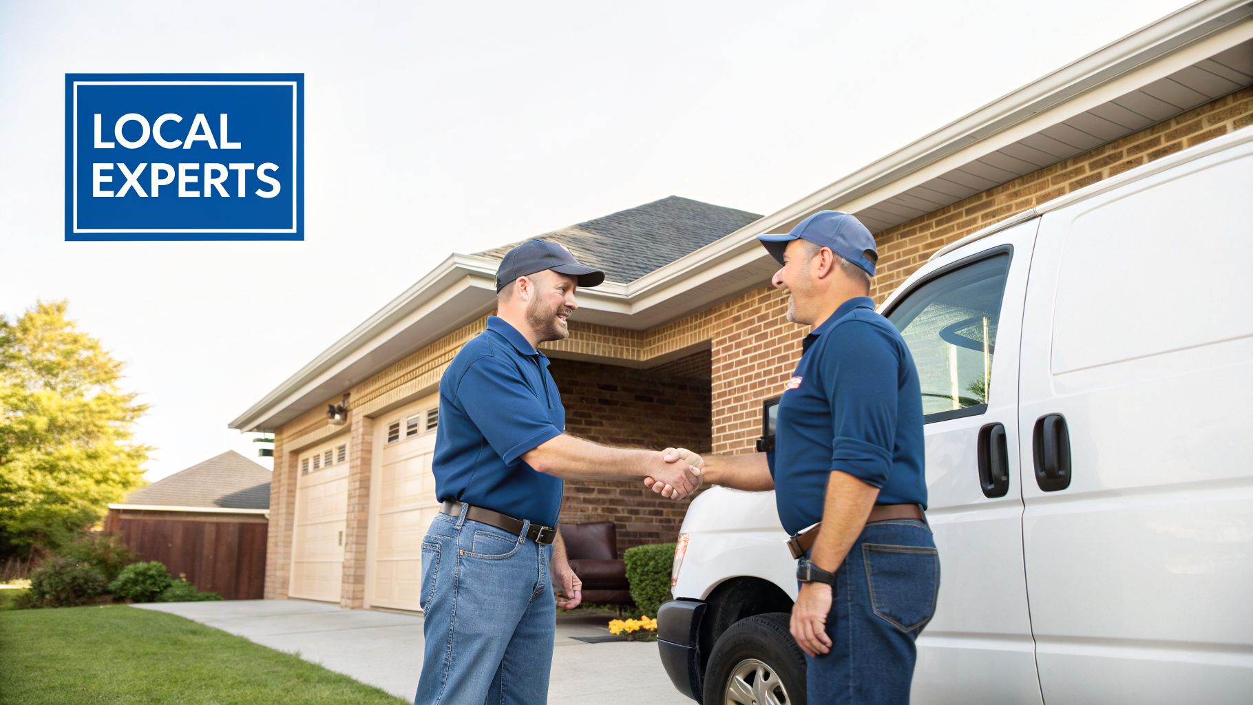 Two smiling service technicians in uniform shake hands in front of a house and white service van.