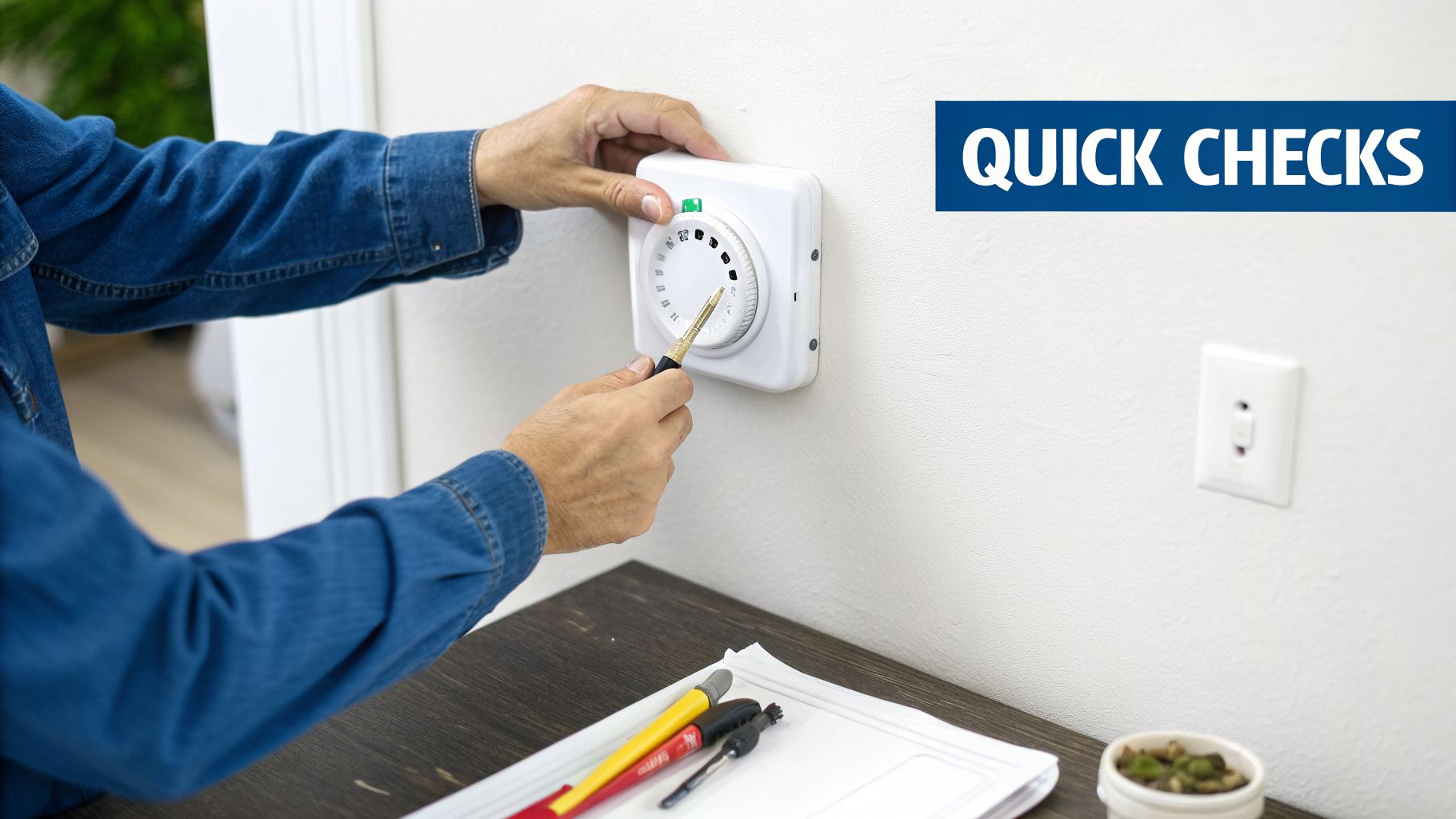 A person adjusts a white wall-mounted thermostat with a screwdriver during a quick check.