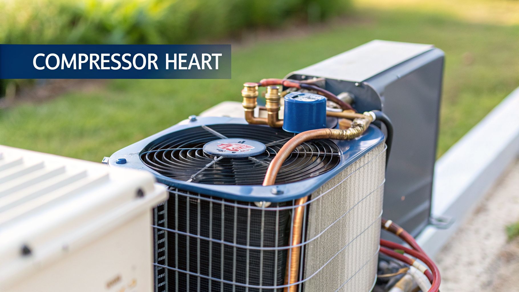 Close-up of an outdoor air conditioner unit showing the fan, condenser coils, and compressor components.