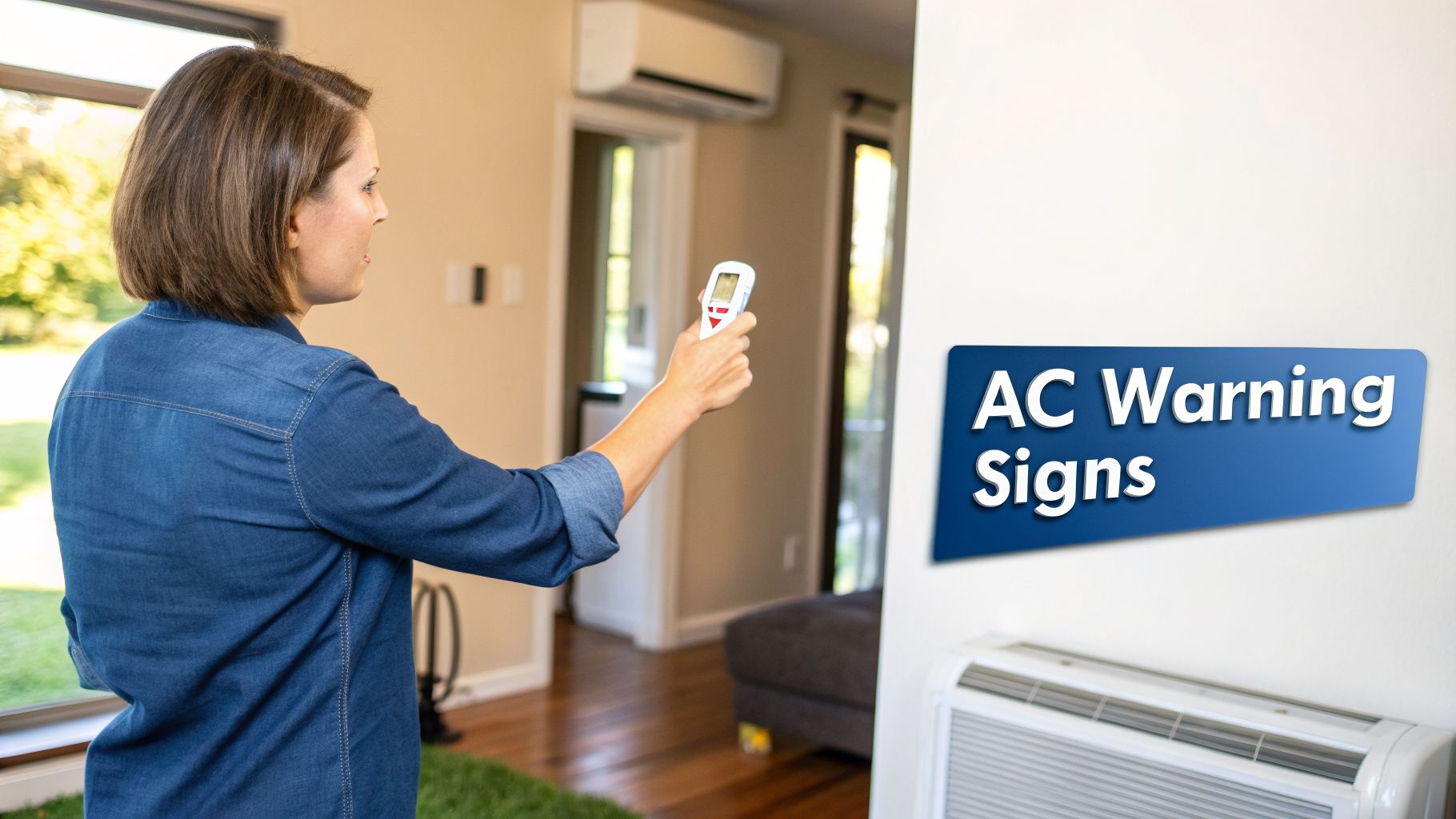 A woman uses a remote to control an air conditioner unit next to an 'AC Warning Signs' graphic.