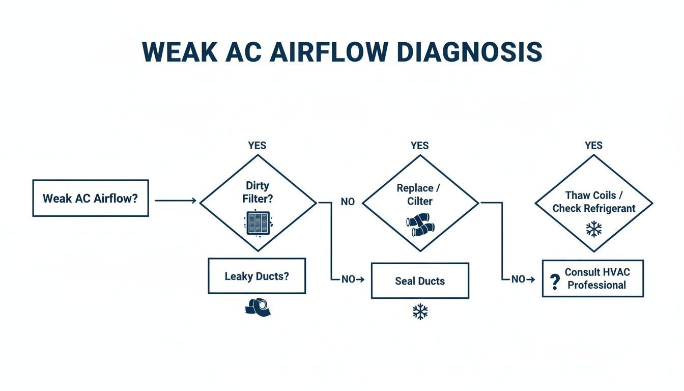 Flowchart for weak AC airflow diagnosis, guiding users through steps like checking filters, ducts, and coils.