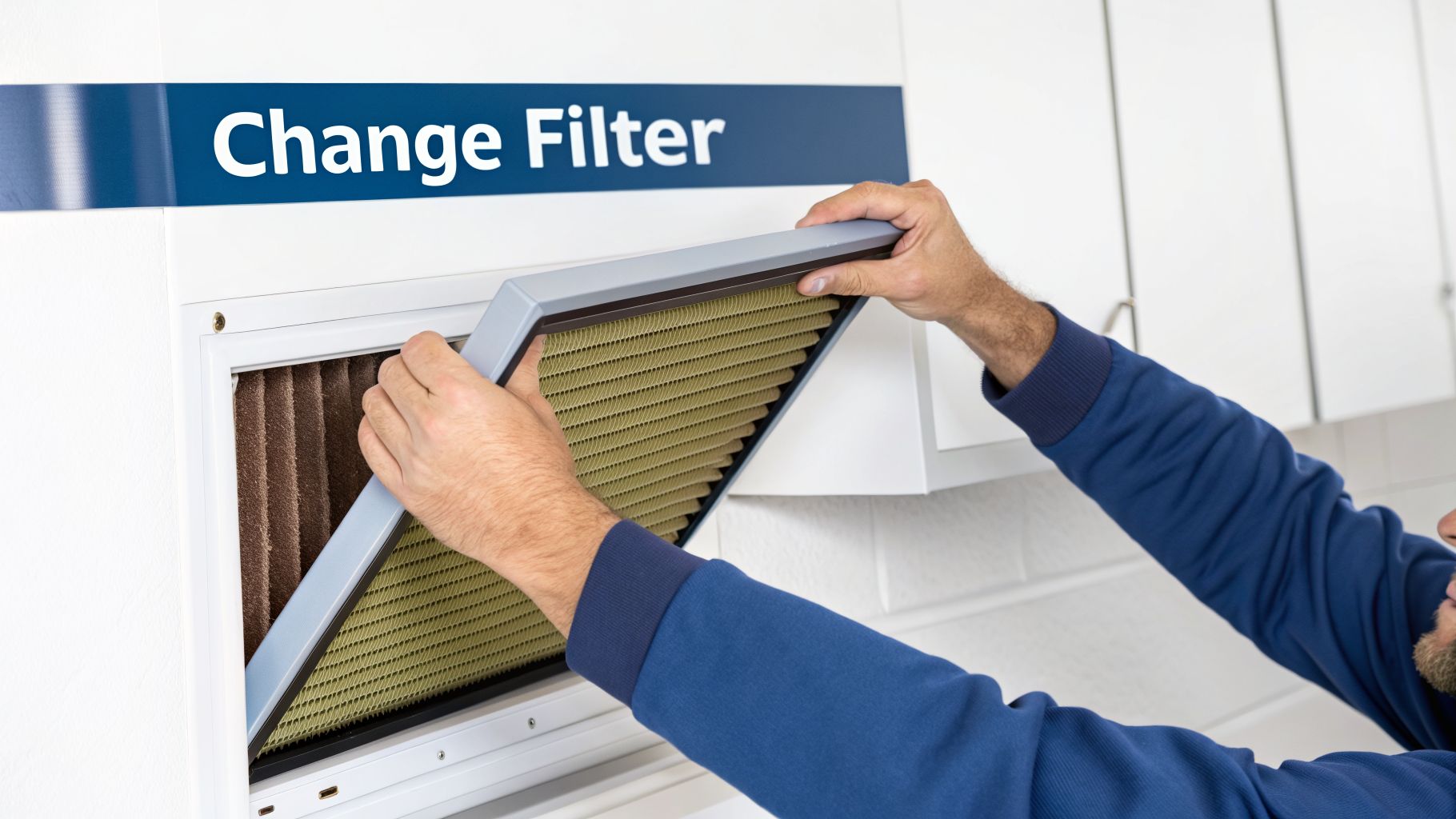 Hands replacing a dirty HVAC filter with a new one, guided by a 'Change Filter' sign.