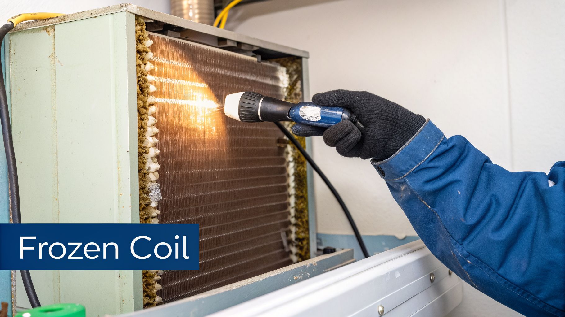 A technician inspects a frozen air conditioner coil with a flashlight, revealing ice buildup.