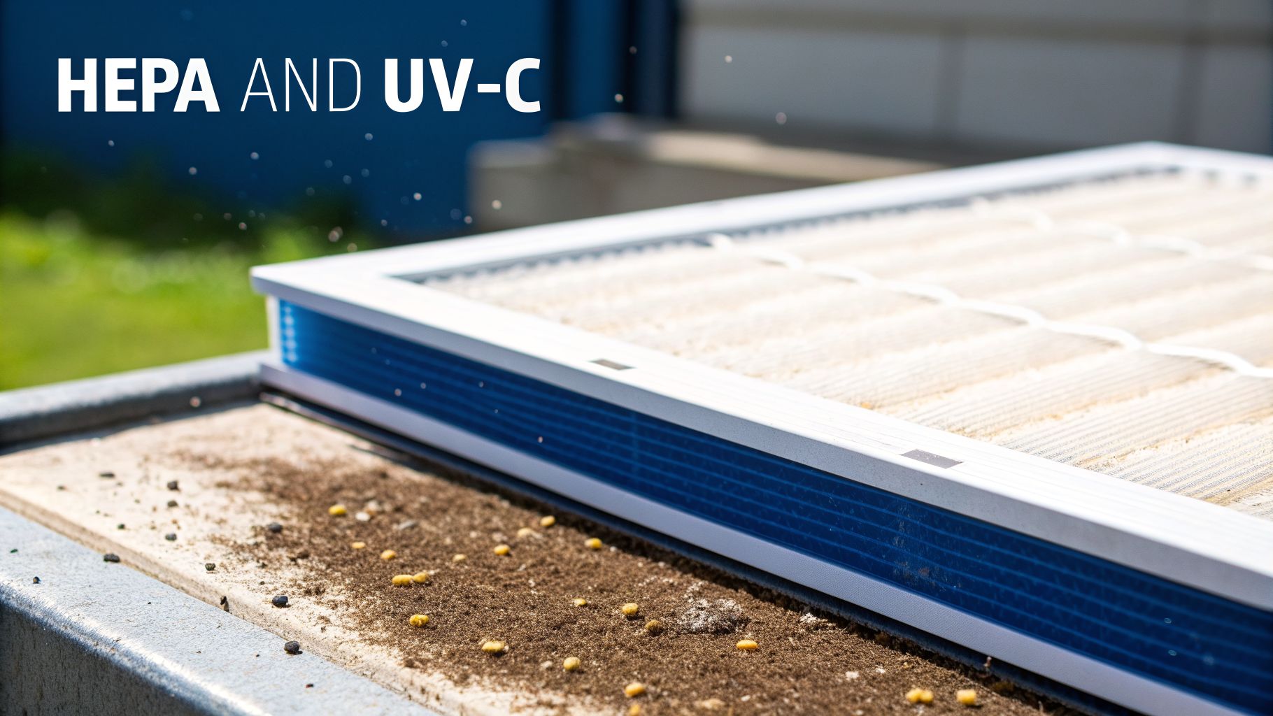 A dirty HEPA air filter covered in dust and debris, emphasizing the need for clean air.