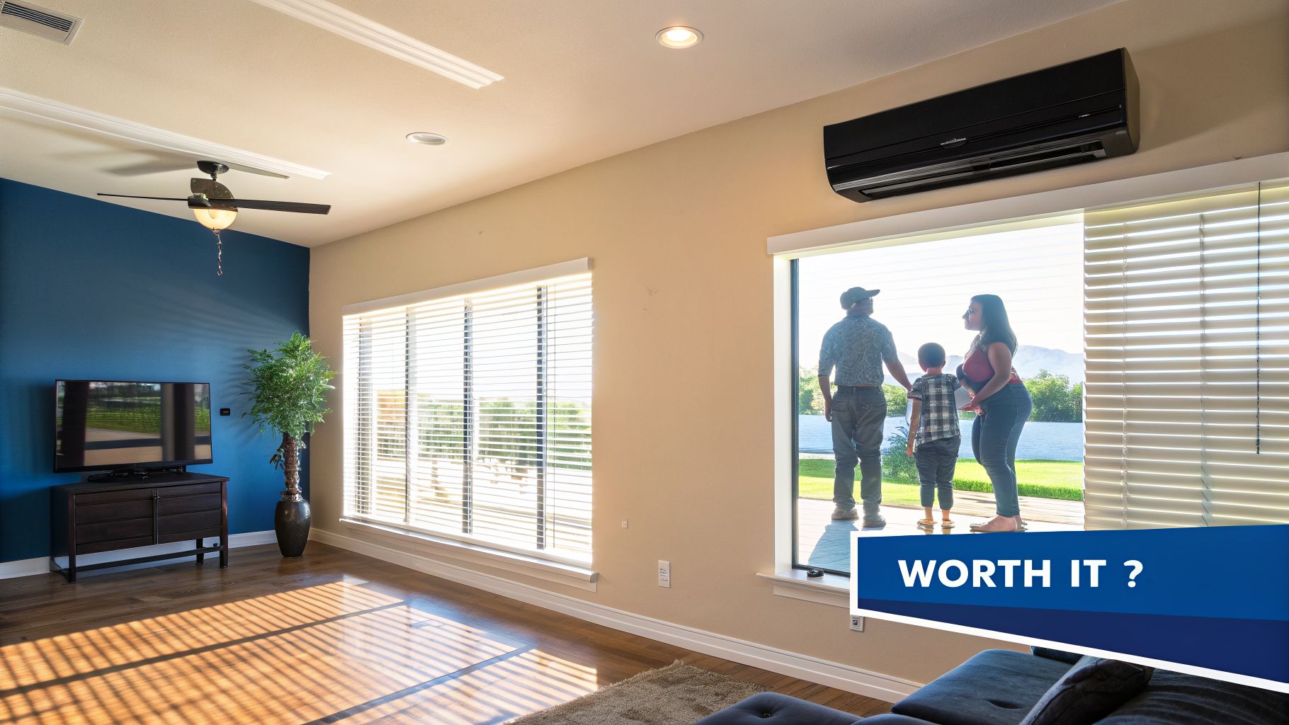 A family looks out a large window in a bright living room with an air conditioner and ceiling fan.