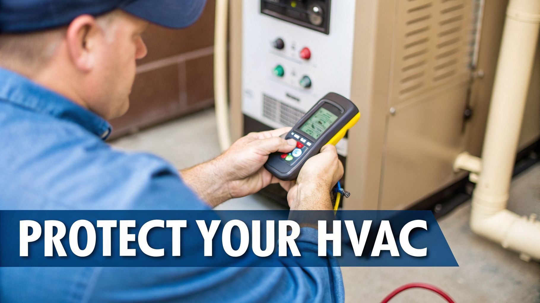 A technician in a blue shirt inspecting an HVAC unit with a diagnostic tool.