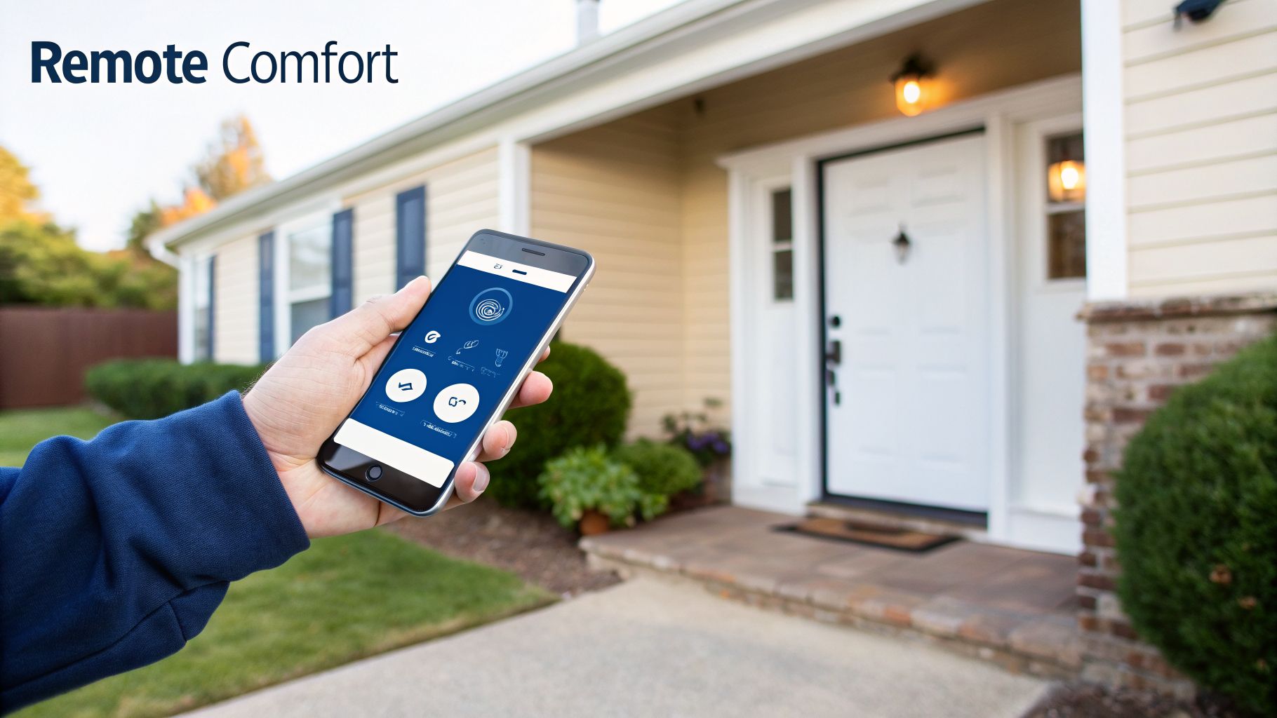 A hand holds a smartphone with a smart home app controlling house features, titled 'Remote Comfort'.