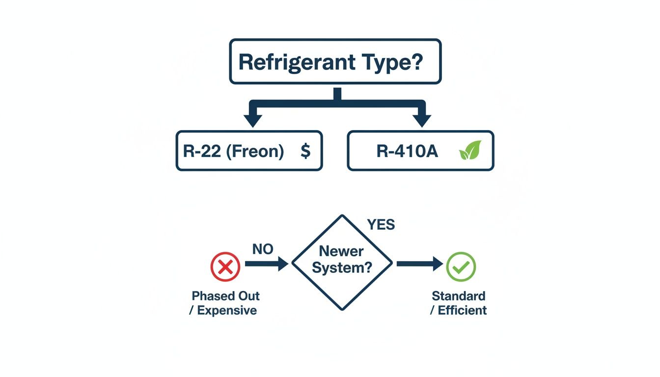 Flowchart comparing R-22 (Freon) and R-410A refrigerants, indicating R-22 is phased out and expensive, while R-410A is standard and efficient for newer systems.