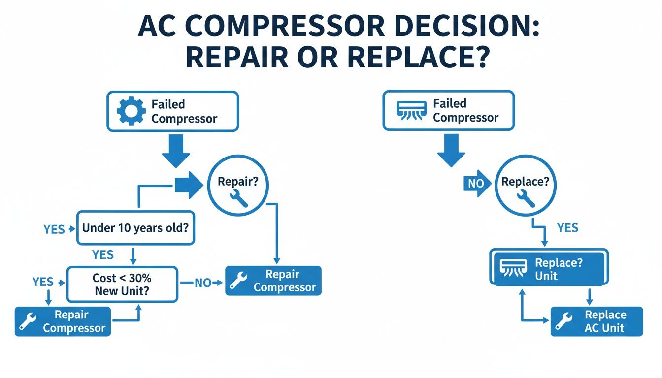 Flowchart for AC compressor decision: repair or replace based on age and repair cost percentage.