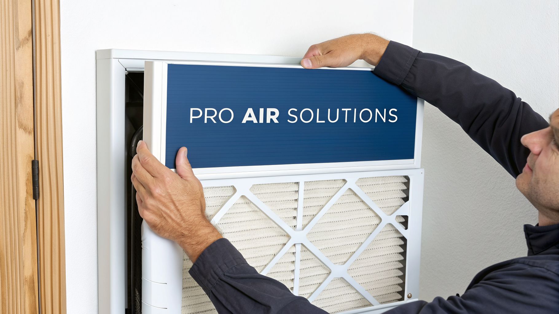 A person replacing an air filter in a home HVAC system, with 'PRO AIR SOLUTIONS' visible on the filter.