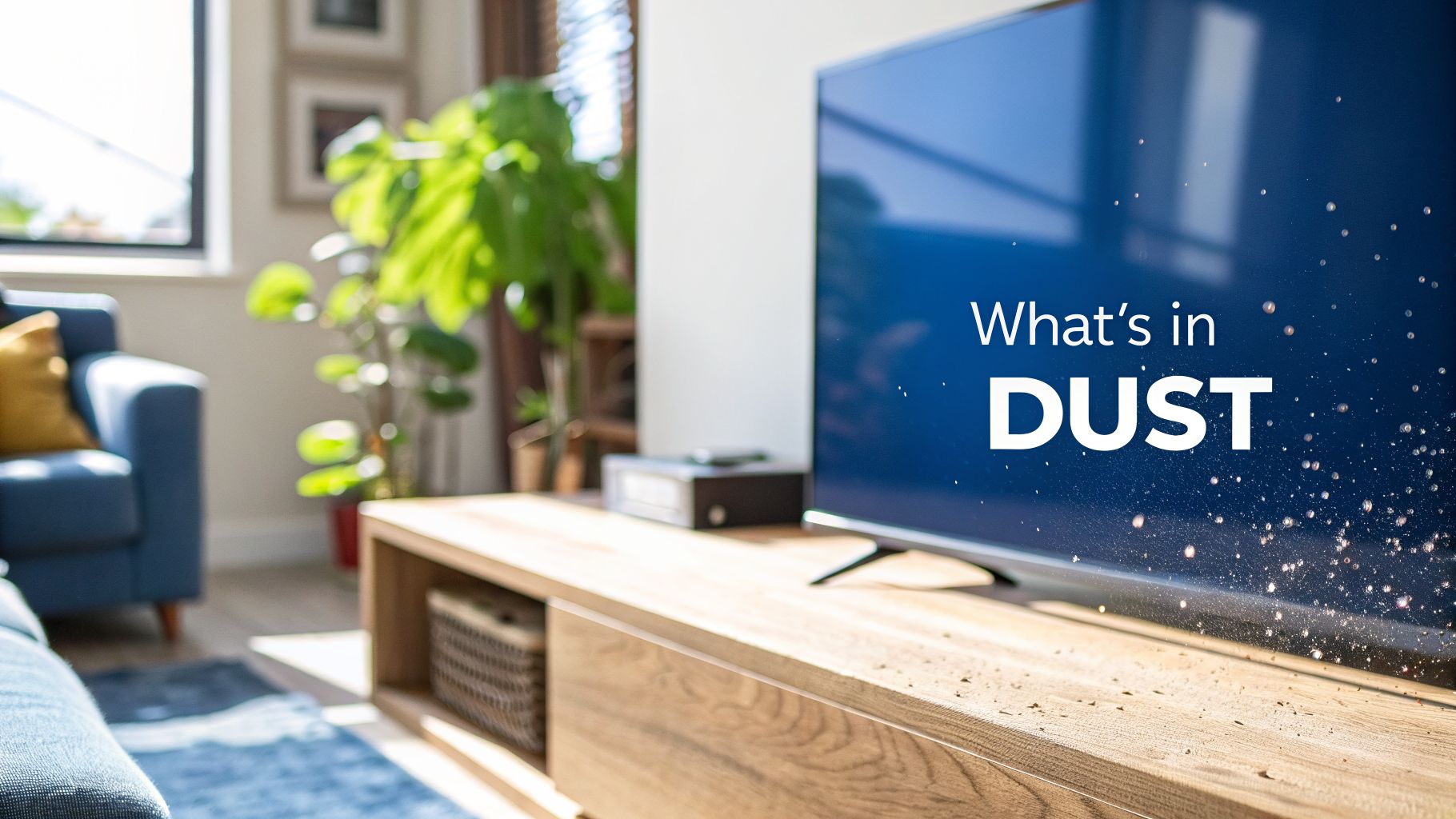A TV displays 'What's in DUST' on a wooden console in a bright modern living room.
