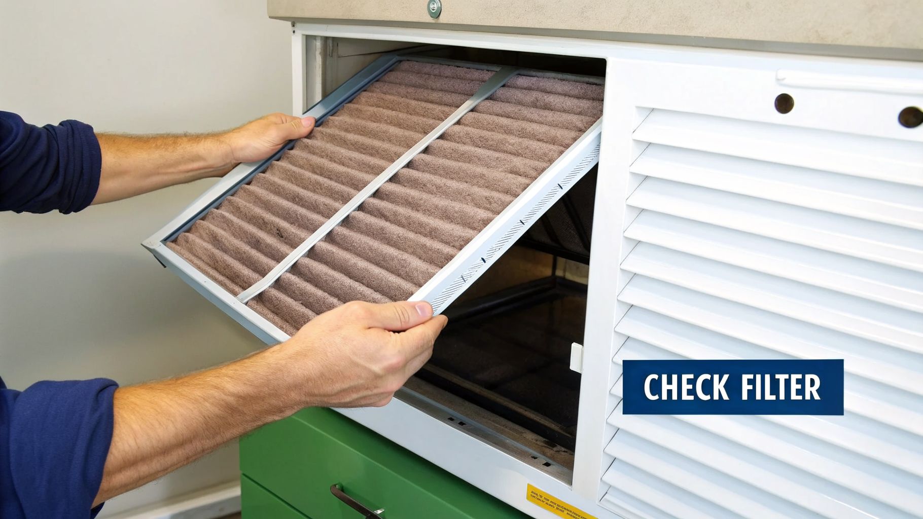 A person removes a dirty, brown pleated air filter from a furnace or HVAC unit.