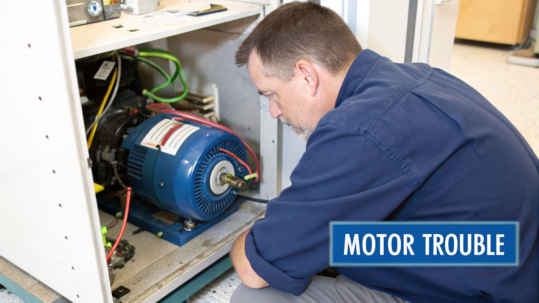 A man in a blue shirt inspects a blue electric motor inside an open white cabinet, troubleshooting the equipment.