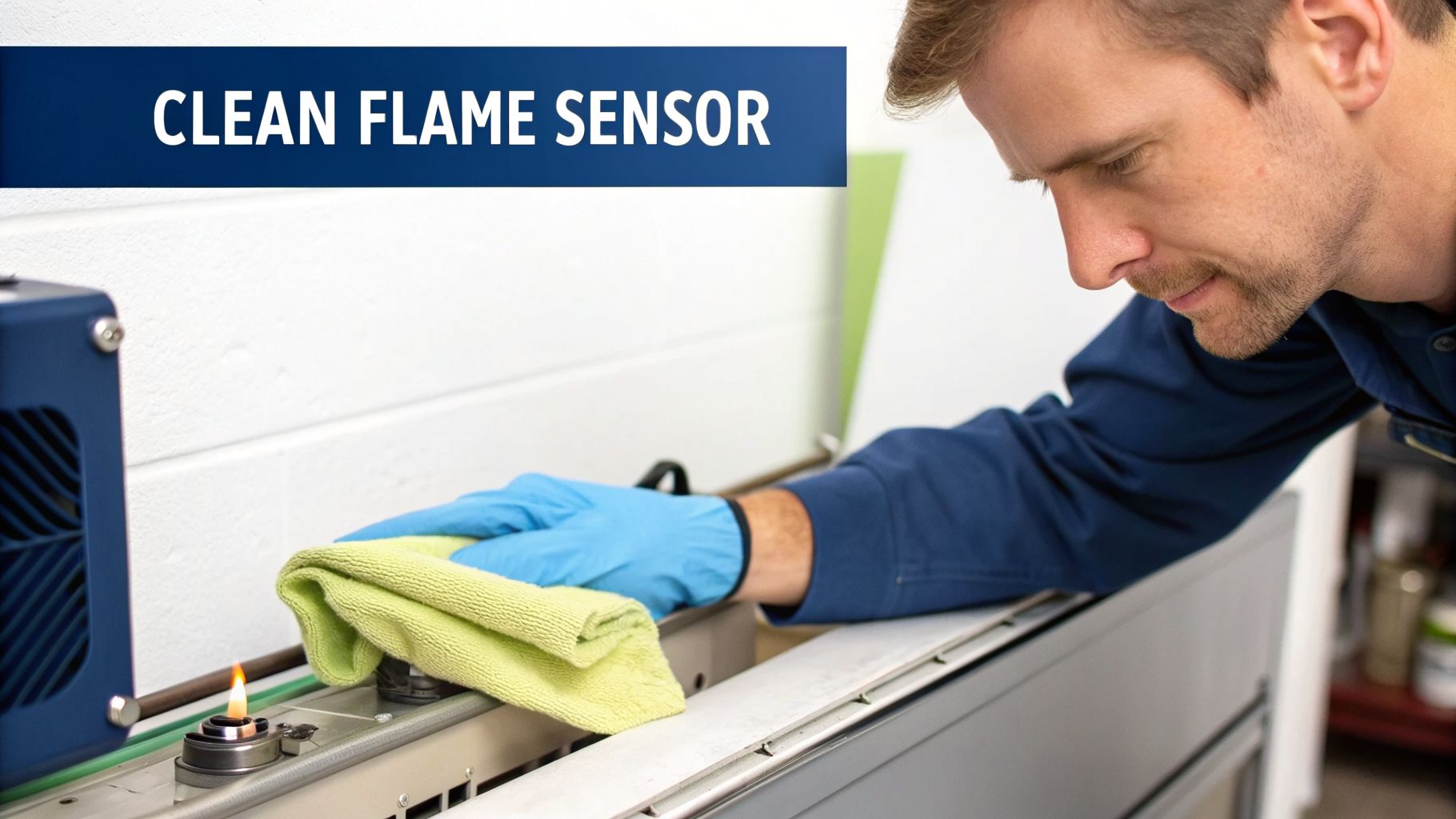 A technician wearing blue gloves cleans a flame sensor with a green cloth, next to a small flame.