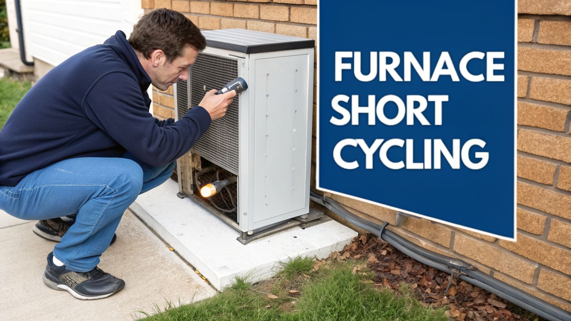 A man inspects an outdoor furnace unit with a flashlight, addressing furnace short cycling.