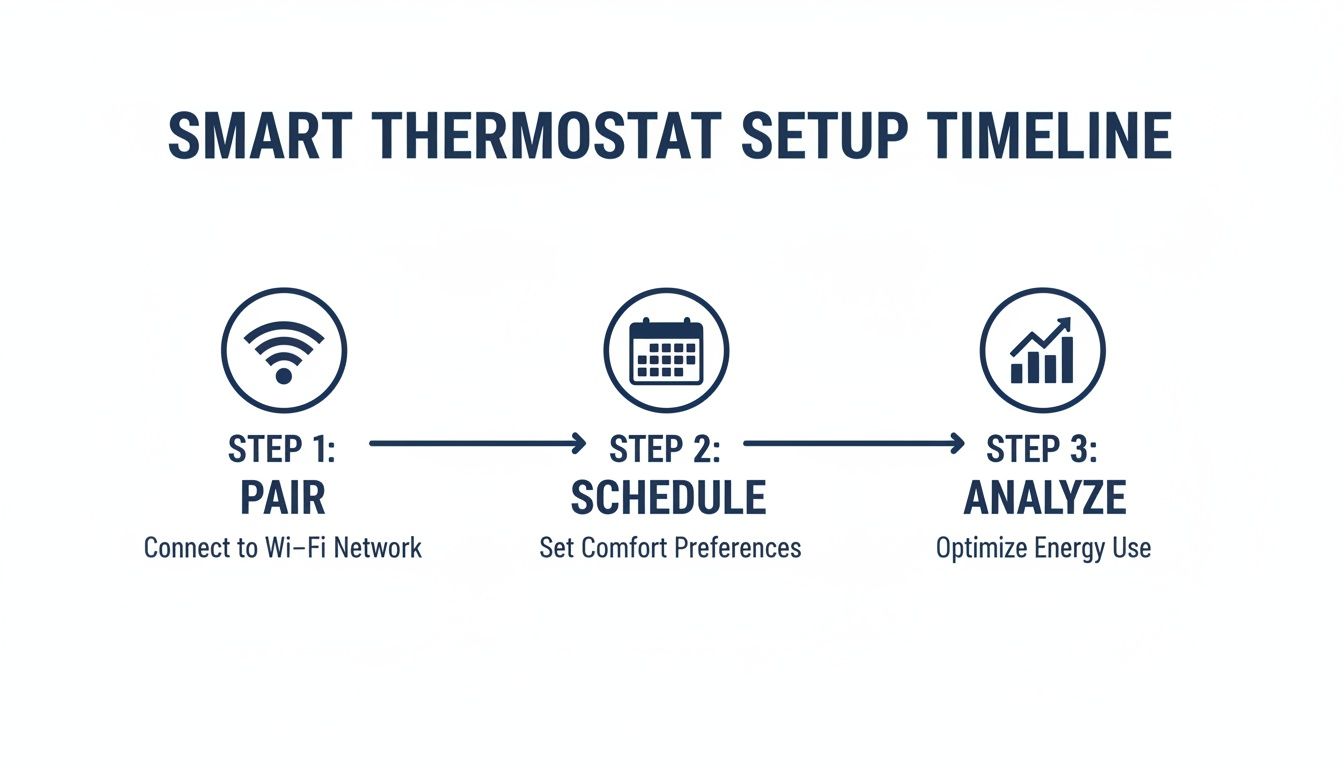 Smart thermostat setup timeline showing three key steps: Pair, Schedule, and Analyze.
