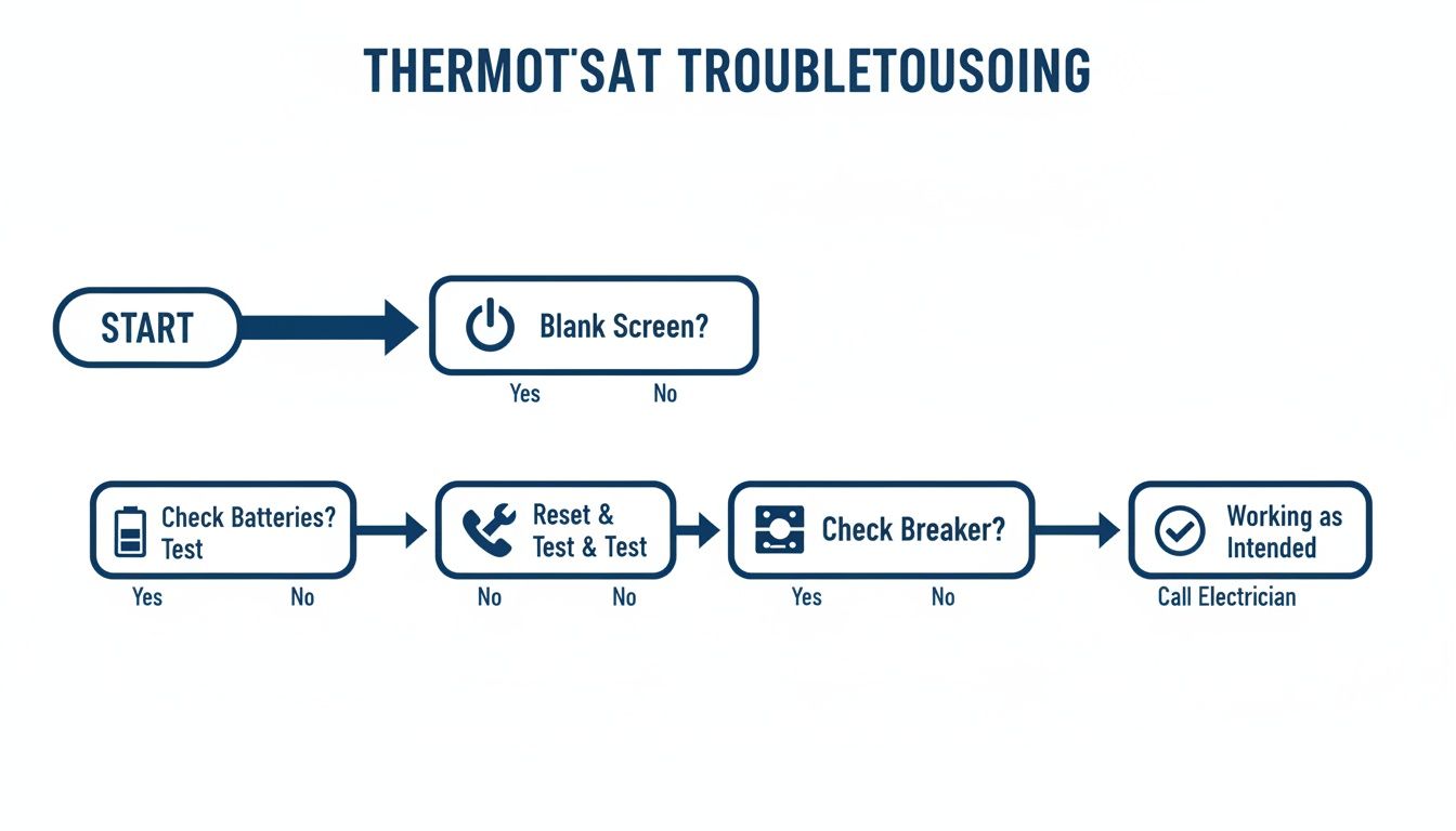 Flowchart detailing thermostat troubleshooting steps, including checking for a blank screen, batteries, reset, and breaker.