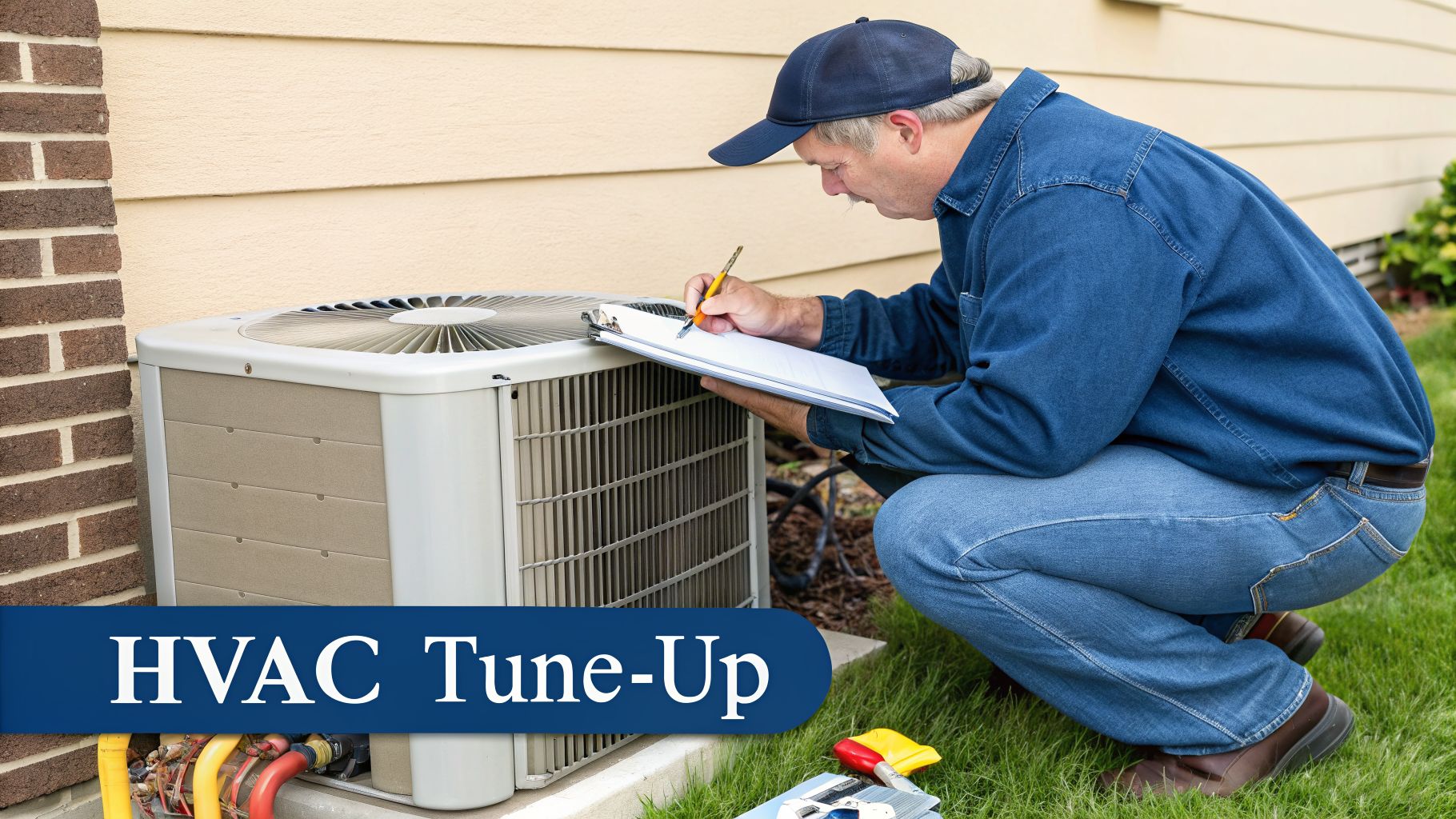 A technician performs an HVAC tune-up, inspecting an outdoor air conditioning unit while writing on a clipboard.
