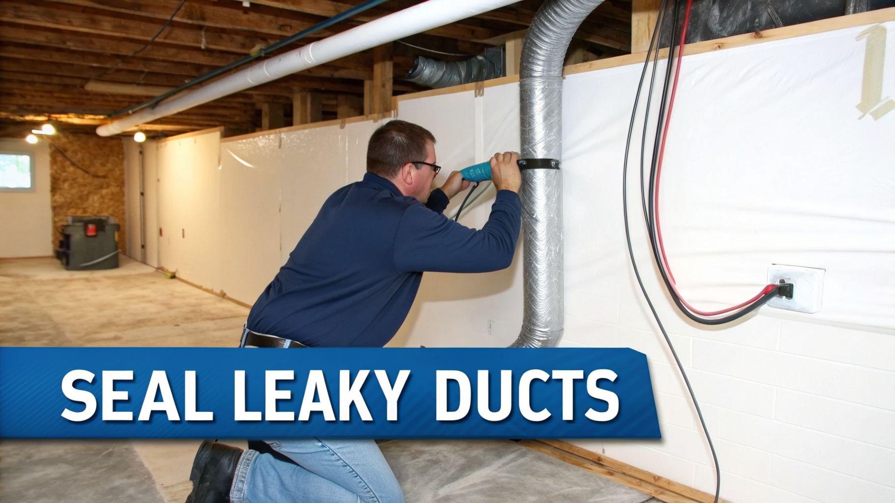 A man in a blue shirt kneels, using a tool to seal a silver flexible duct in a basement.