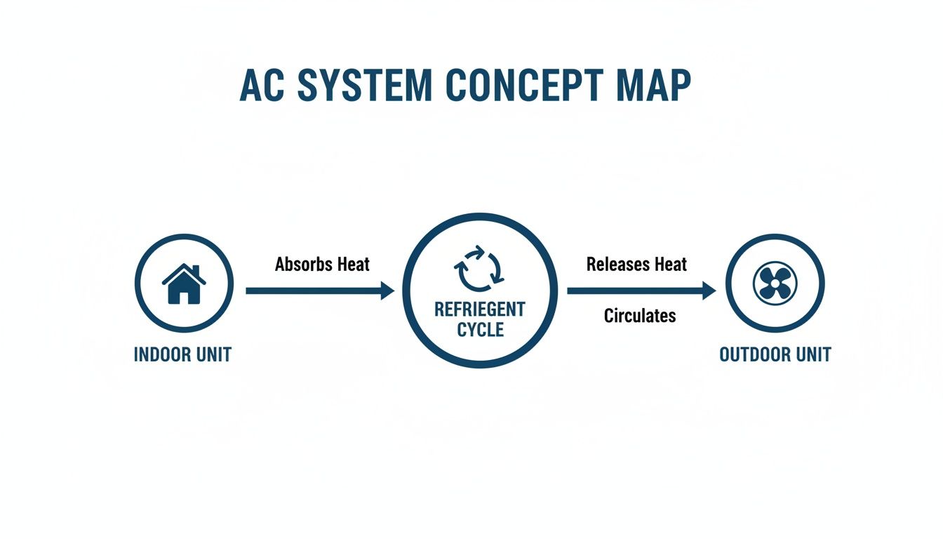 Diagram illustrating the AC system concept, showing heat absorption indoors, refrigerant cycle, and heat release outdoors.