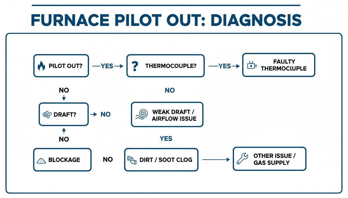 A flowchart diagnosing why a furnace pilot light is out, checking thermocouple, draft, blockage, and clogs.