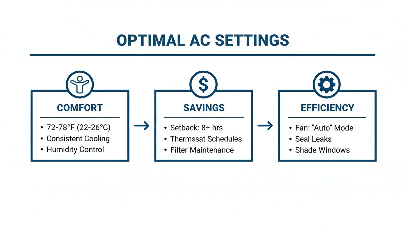 Infographic showing optimal AC settings for comfort, savings, and efficiency with temperature ranges and tips.