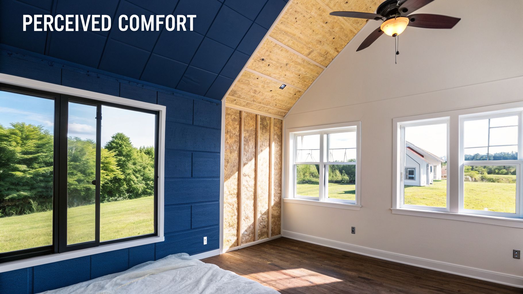 Inside a room partially under construction, showing finished blue walls and unfinished insulation, with large windows.
