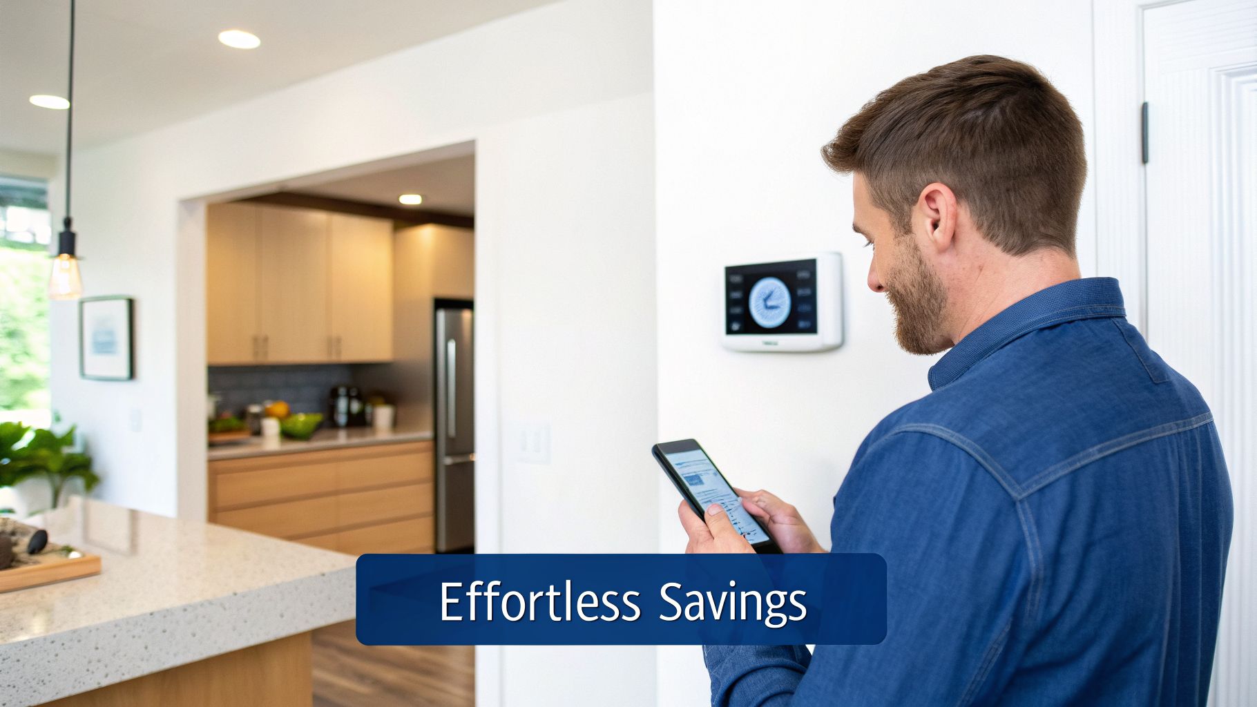 A man using his smartphone to manage a smart thermostat for home energy savings.