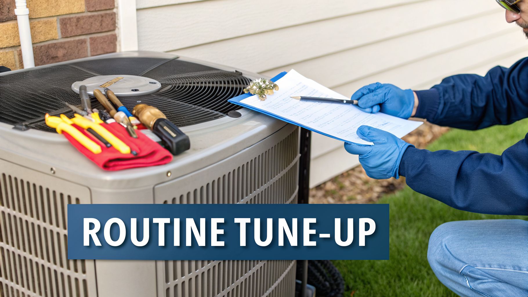 An HVAC technician in blue gloves performs a routine tune-up on an outdoor air conditioning unit.