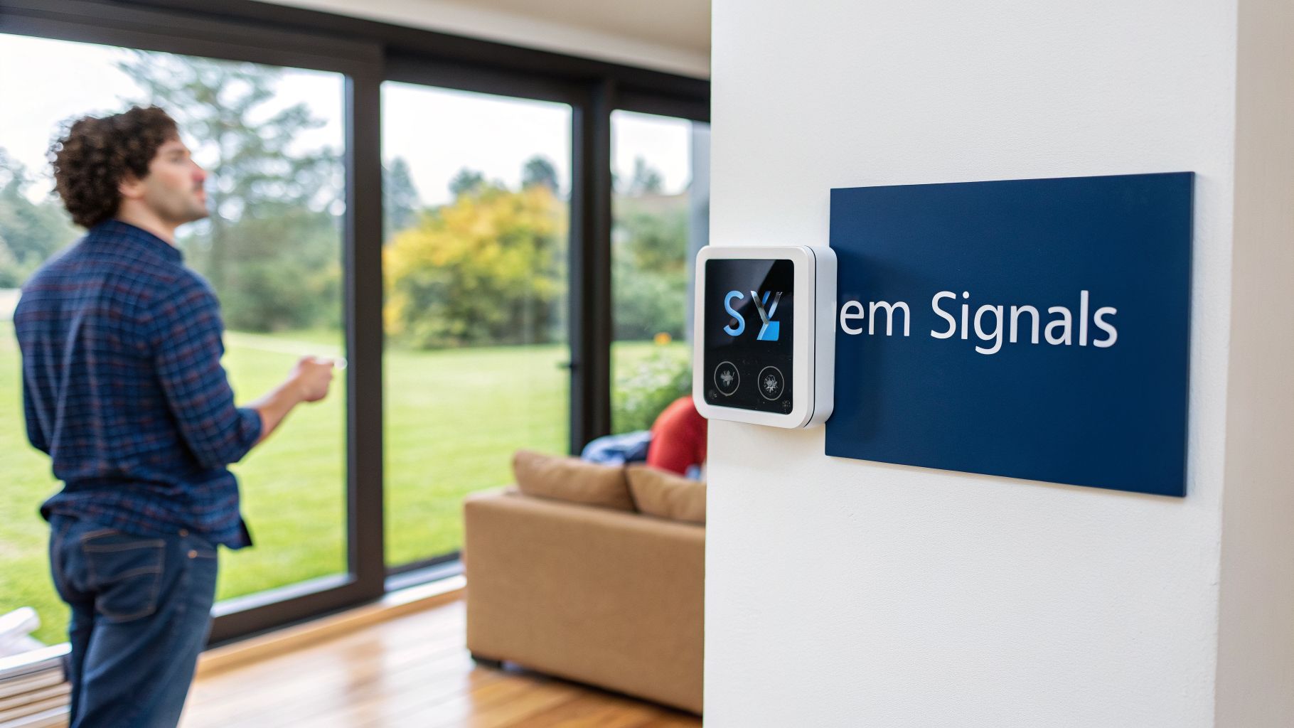 Man in plaid shirt looking out a window next to a smart home device and 'System Signals' sign.