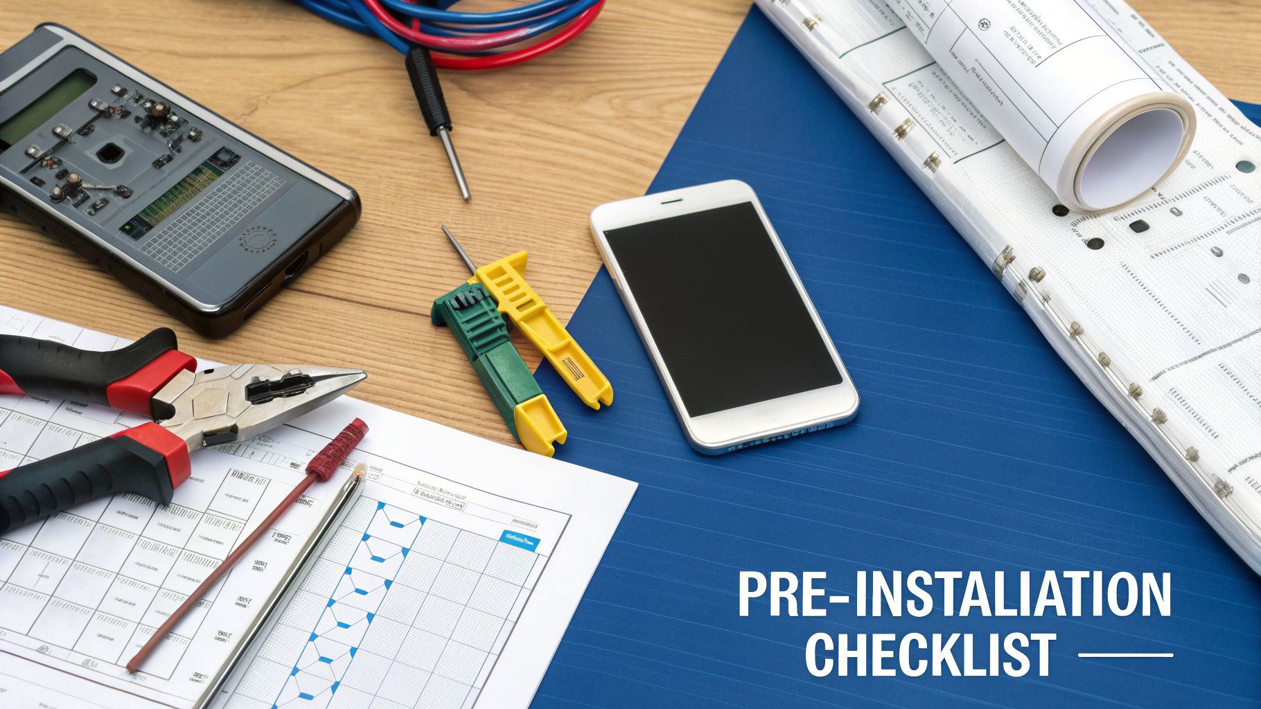Tools, documents, and a smartphone on a desk next to a 'PRE-INSTALLATION CHECKLIST'.