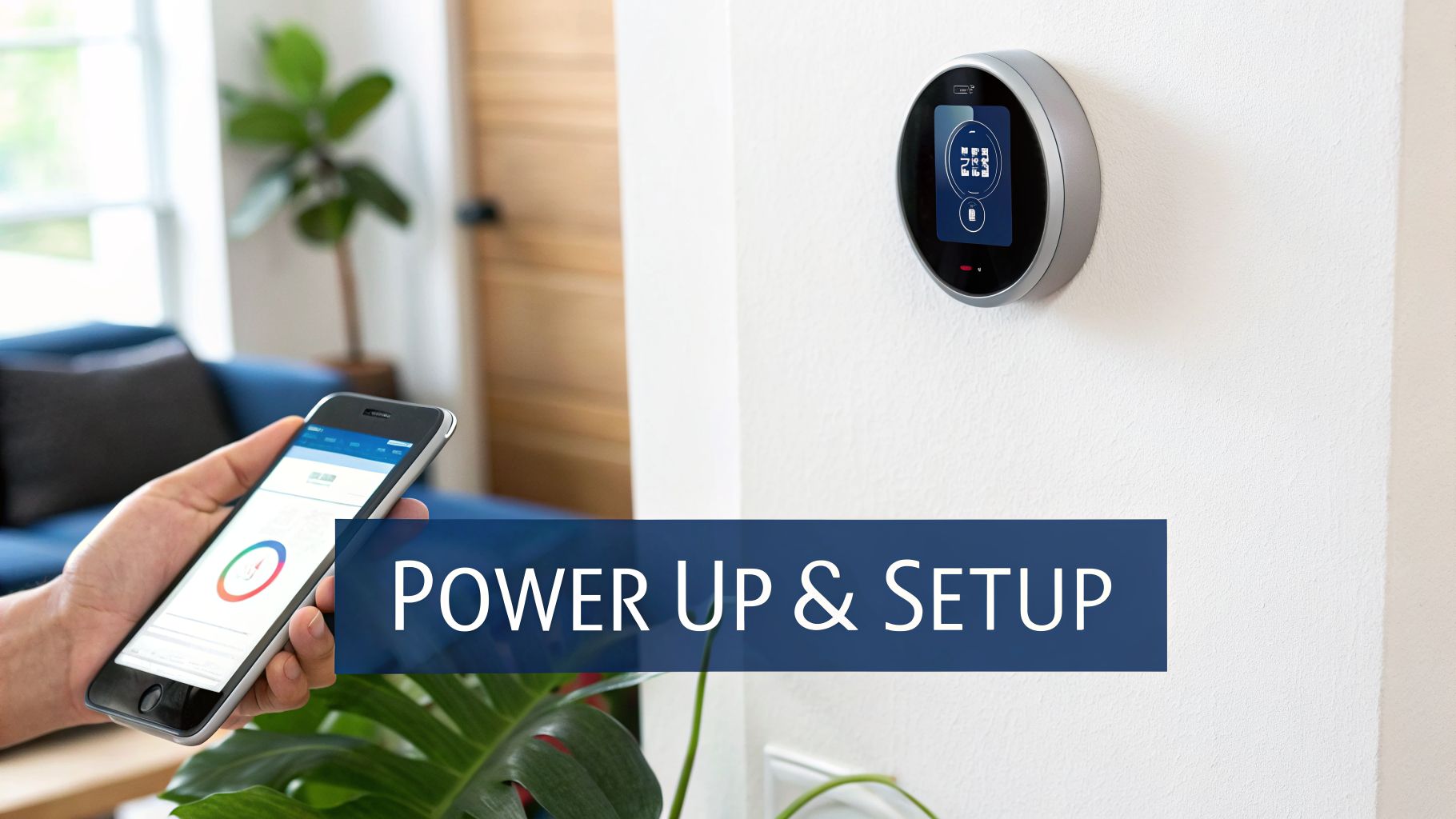 A person uses a smartphone app to control a smart thermostat mounted on a white wall, setting up a smart home system.