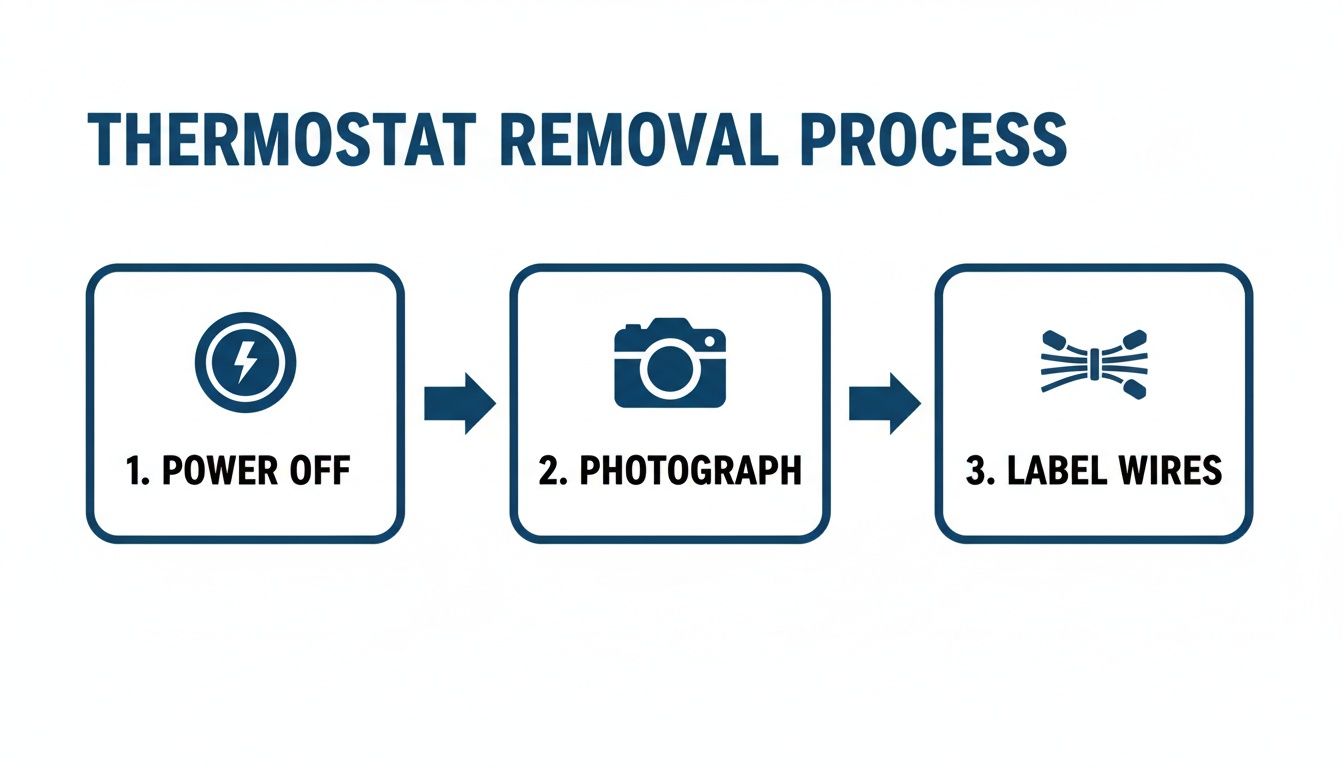 Infographic illustrating the three-step thermostat removal process: power off, photograph wiring, and label wires.