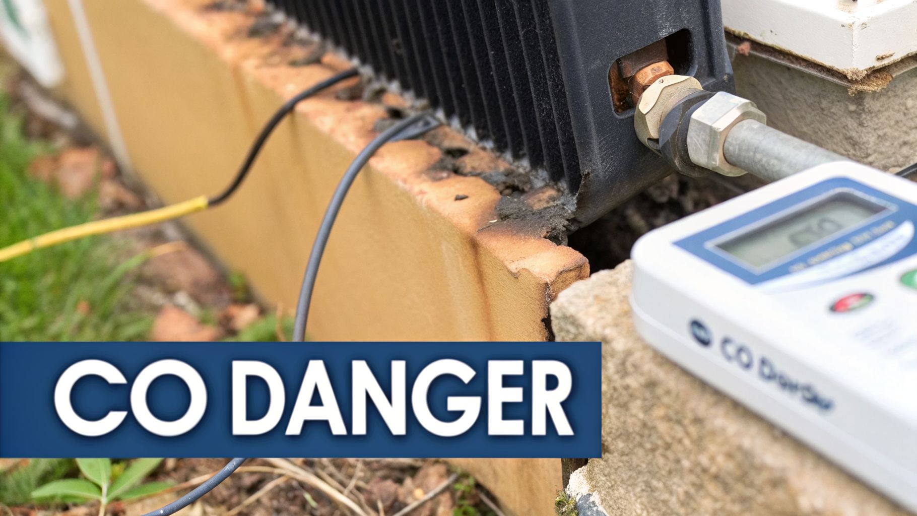 Carbon monoxide detector near an outdoor heating unit with burn marks, indicating CO danger.