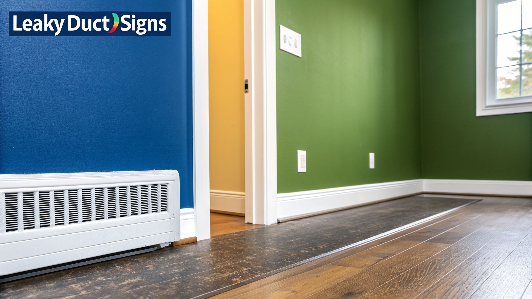 A vibrant interior hallway features blue, yellow, and green walls with a white baseboard heater.