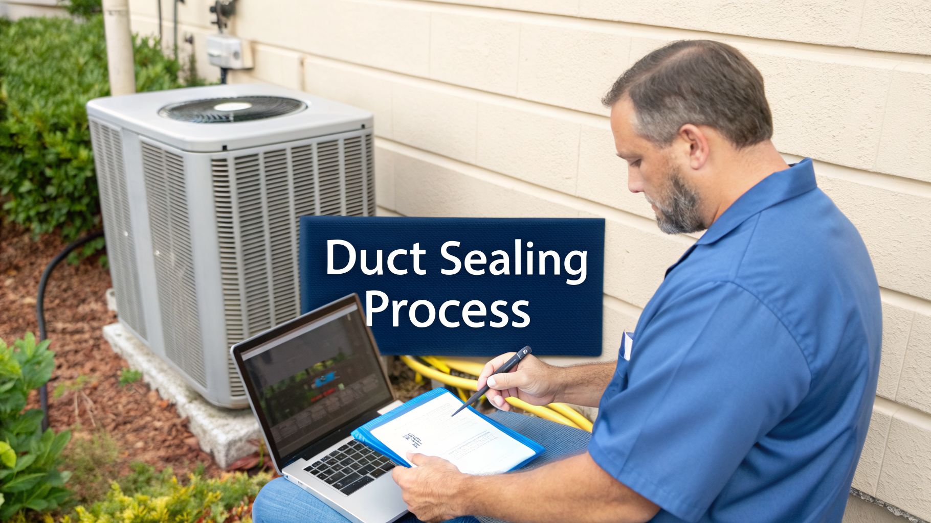 An HVAC technician sits outdoors, reviewing documents on a laptop next to an AC unit, with 'Duct Sealing Process' text.