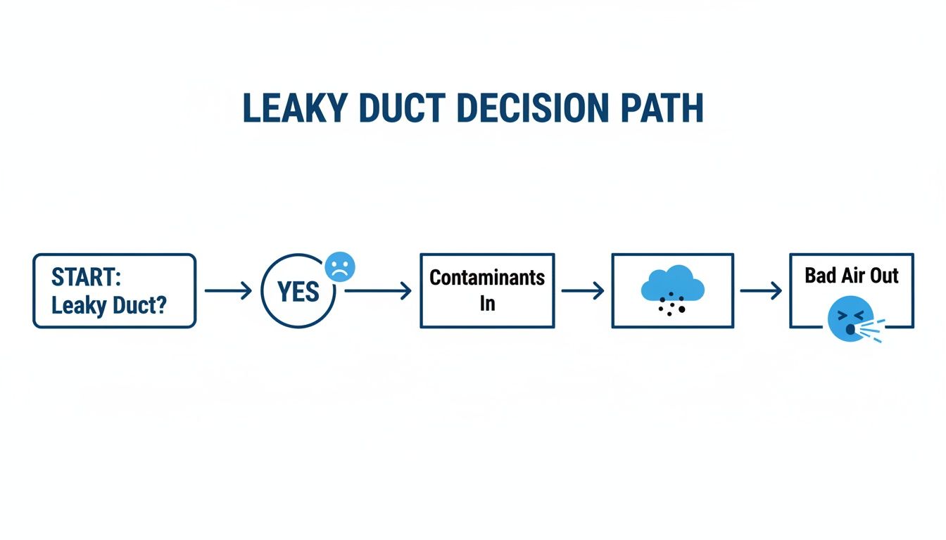 Flowchart illustrating the leaky duct decision path, from a leaky duct causing contaminants to bad air.