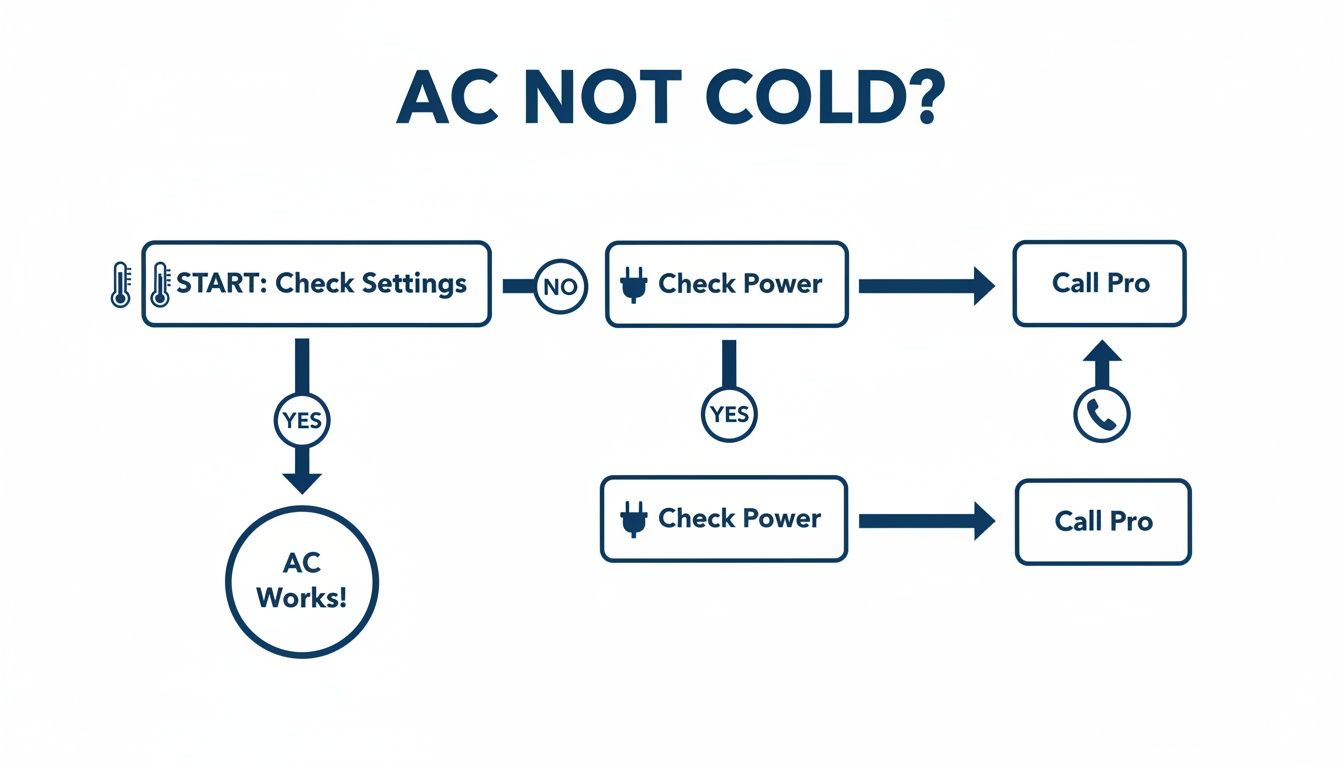 A flowchart guides users on troubleshooting an AC not blowing cold air, checking settings, power, and ultimately advising to call a professional.
