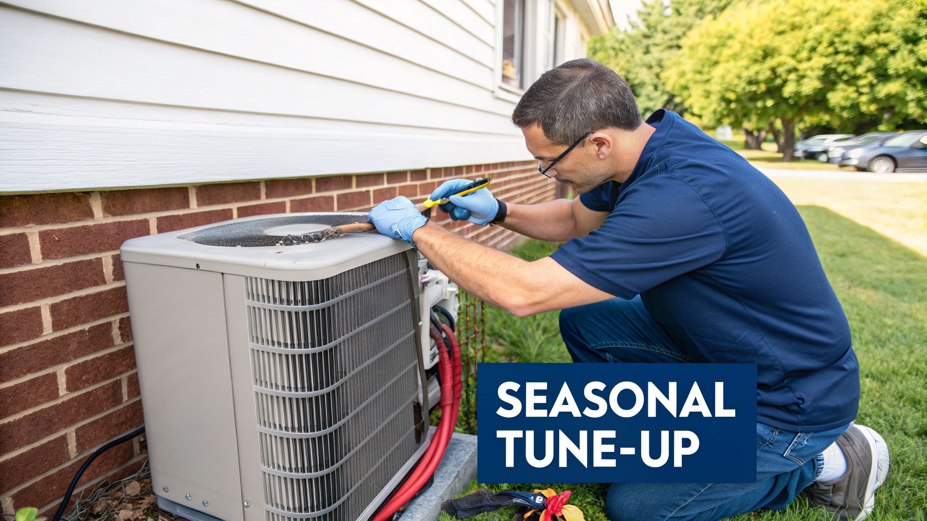 A technician in blue gloves performs a seasonal tune-up on an outdoor AC unit.
