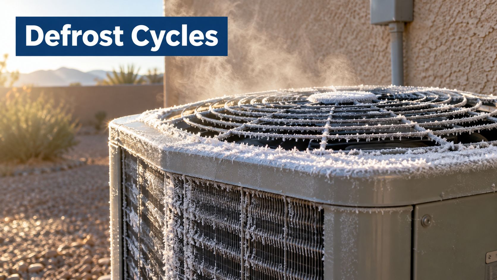 An outdoor heat pump unit covered in frost during a defrost cycle on a cold day.