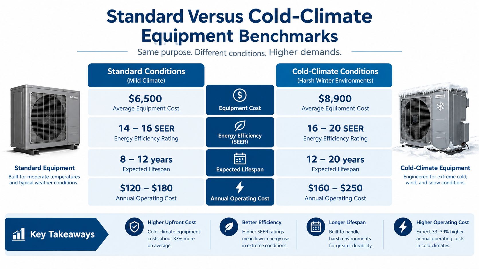 A comparison chart showing the differences between standard heat pump equipment and cold-climate heat pump equipment benchmarks.