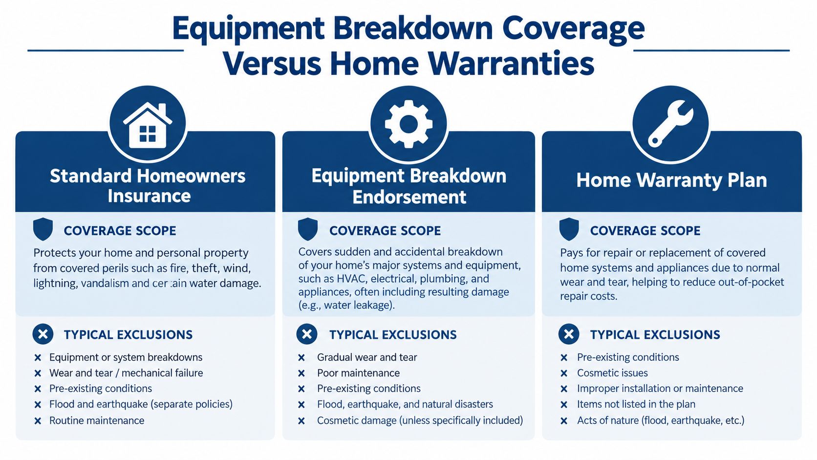 A comparison chart outlining the differences between standard homeowners insurance, equipment breakdown endorsement, and home warranty plans.