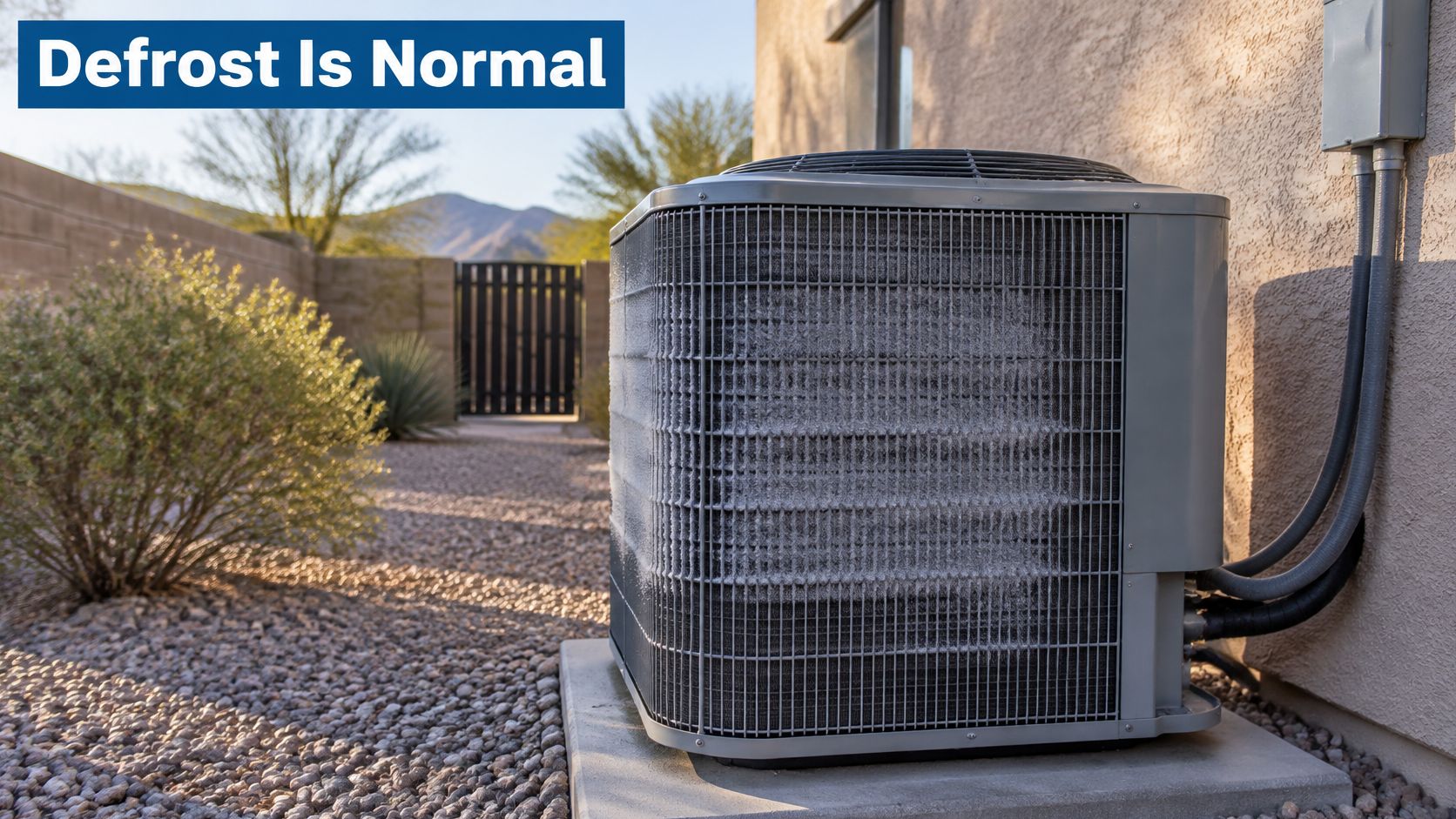 An outdoor heat pump unit covered in frost during a standard defrost cycle on a sunny day.