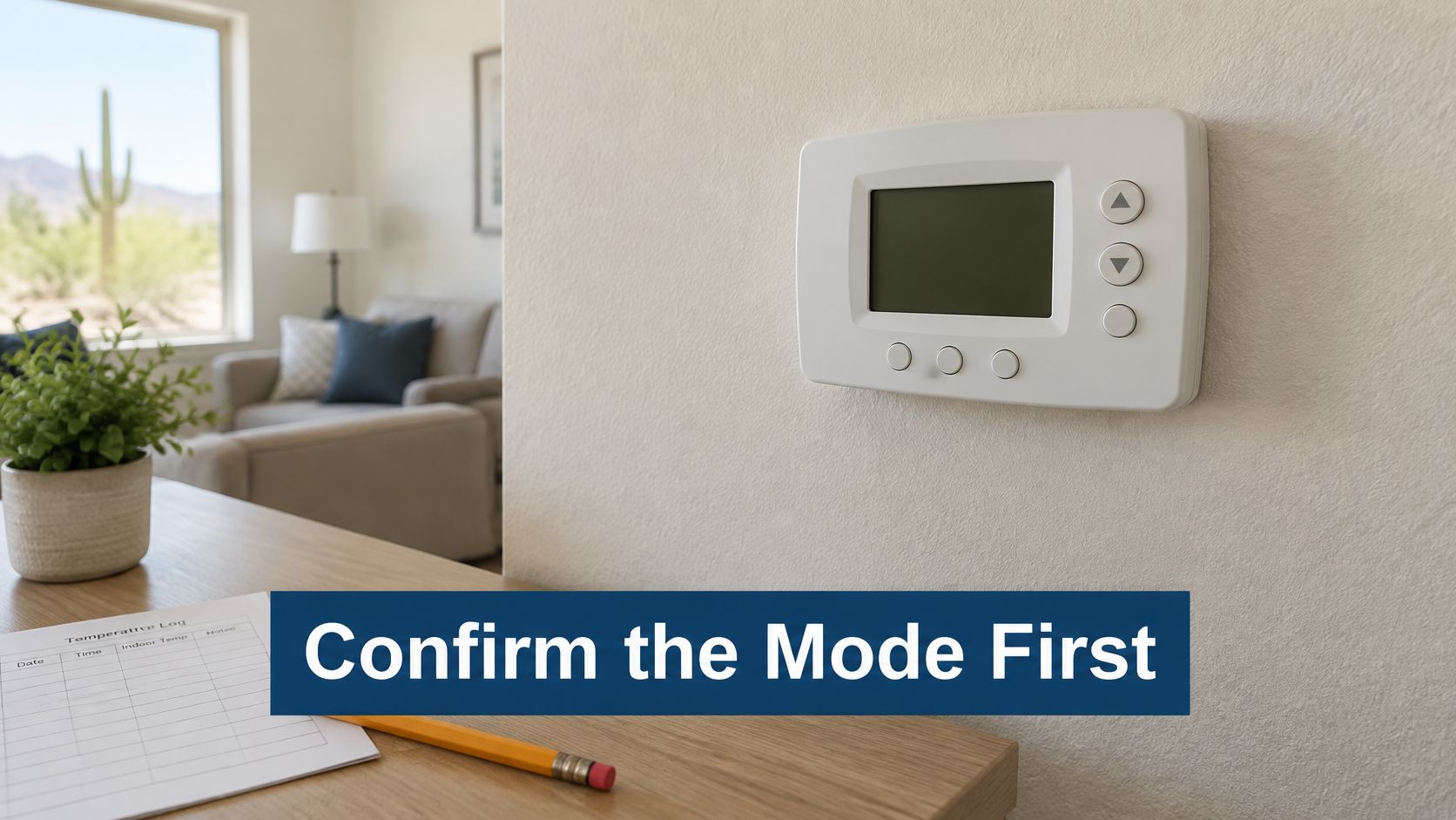 A wall-mounted digital thermostat in a modern home with a temperature log sheet on a desk.