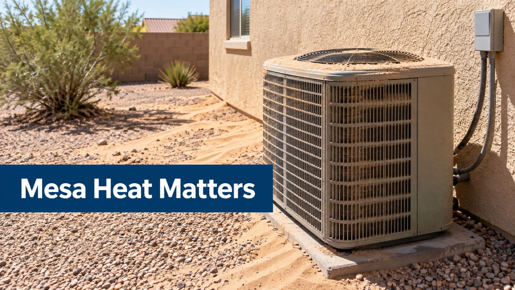 An outdoor HVAC unit sitting on a concrete pad next to a home in a desert landscape.